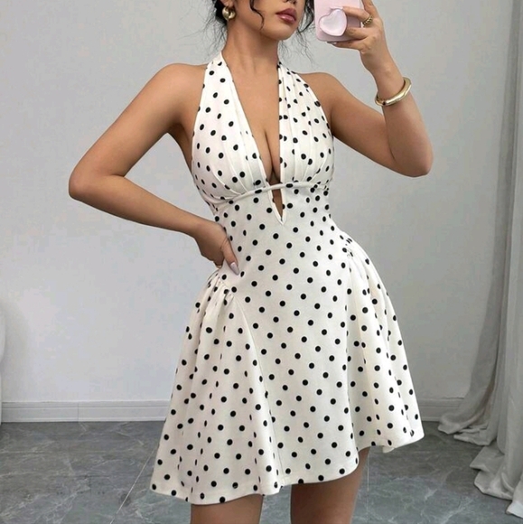 New Deep V-Neck Halter Polka Dot Print Waist Cinched Sexy Mini Dress - Picture 4 of 4